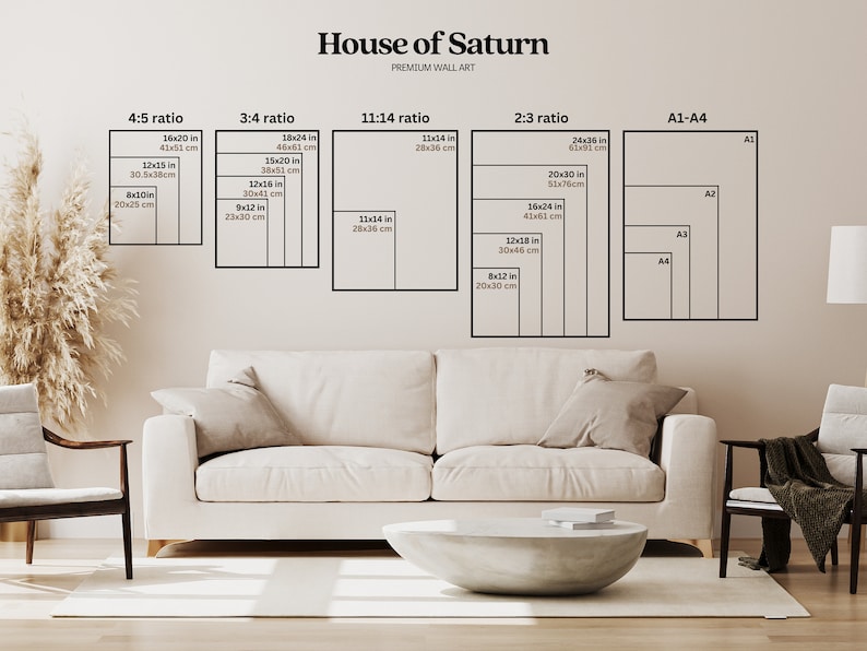 May include: A white wall with a chart showing different print sizes for wall art. The chart includes measurements in inches and centimeters. The sizes are labeled with ratios, such as 4:5, 3:4, 11:14, and 2:3. The chart also includes standard paper sizes, such as A1, A2, A3, and A4. The chart is displayed in a living room setting with a white couch and a coffee table.