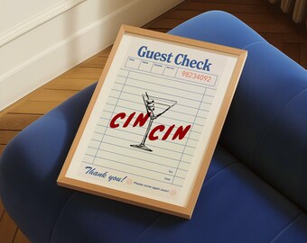 Retro Martini Cocktail Print: Red Guest Check Bar Art (Digital Download)