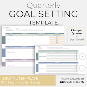 May include: A digital template for setting quarterly goals. The template is designed for use in Google Sheets and includes a separate tab for each quarter. The template features a light blue and gray color scheme and includes sections for goal setting, inspiration, success metrics, and progress.