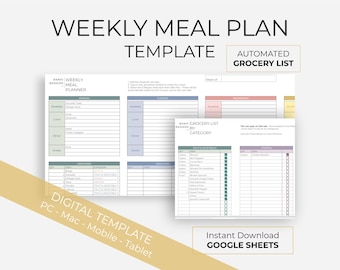 Simple Weekly Meal Planner & Grocery List | Digital 7-Day Meal Planning Template | Weekly Meal Prep | Meal Plan Template - Google Sheets