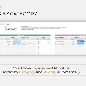 May include: A printable home improvement list template with a gray and white color scheme. The list is divided into two sections: Living Room and Dining Room. Each section has columns for item, budget, priority, notes, done, and actual price. The list is designed to help you organize and track your home improvement projects.