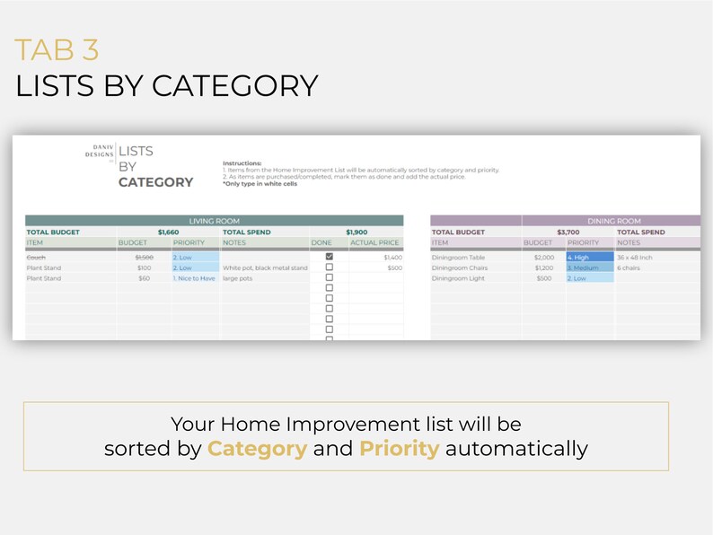 May include: A printable home improvement list template with a gray and white color scheme. The list is divided into two sections: Living Room and Dining Room. Each section has columns for item, budget, priority, notes, done, and actual price. The list is designed to help you organize and track your home improvement projects.