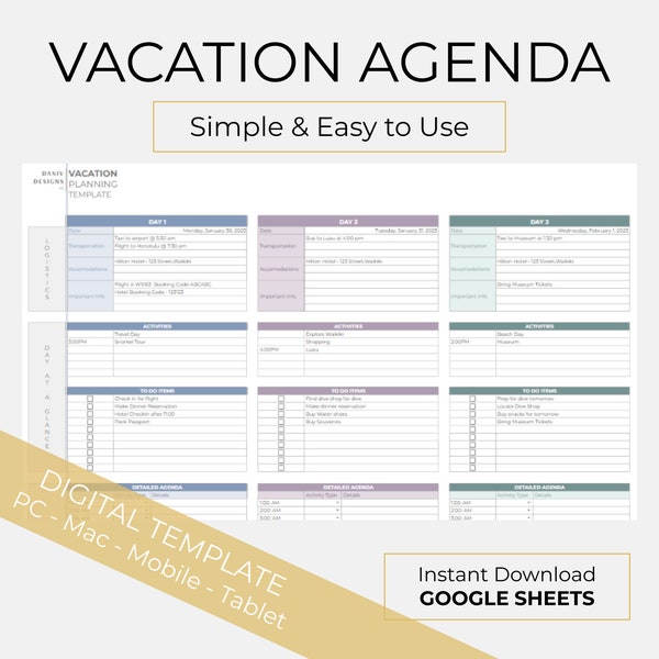 Simple Vacation Planning Spreadsheet | Digital Travel Planner | Holiday Agenda | Digital Trip Planner & Travel Itinerary | Google Sheets