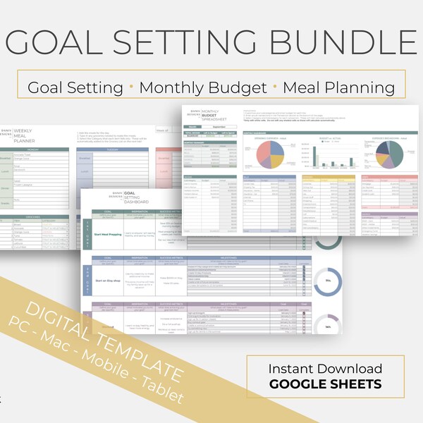 Zielvereinbarung Digital Planner Bundle | Neujahrsvorsatz | Zielplaner, Digitaler Speiseplan und Budget | Digitale Zielerfassung Google Sheets