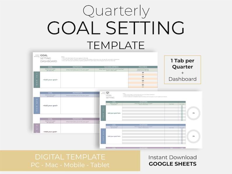 K&ouml;nnte beinhalten: Eine digitale Vorlage zum Setzen von Quartalszielen. Die Vorlage ist f&uuml;r die Verwendung in Google Sheets konzipiert und enth&auml;lt f&uuml;r jedes Quartal einen separaten Tab. Die Vorlage verf&uuml;gt &uuml;ber ein hellblaues und graues Farbschema und umfasst Abschnitte f&uuml;r Zielsetzung, Inspiration, Erfolgsmetriken und Fortschritt.