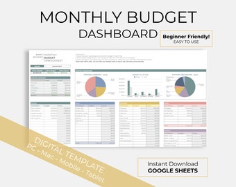 May include: A digital monthly budget spreadsheet template in Google Sheets. The template includes sections for income, expenses, and a budget vs. actual chart. The template is beginner-friendly and easy to use.
