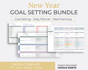 Neujahrs-Tore-Bundle! Einfache Vorlage für digitale Ziele, digitale Agenda und Essensplanung. Neujahrsvorsätze - Google Sheets