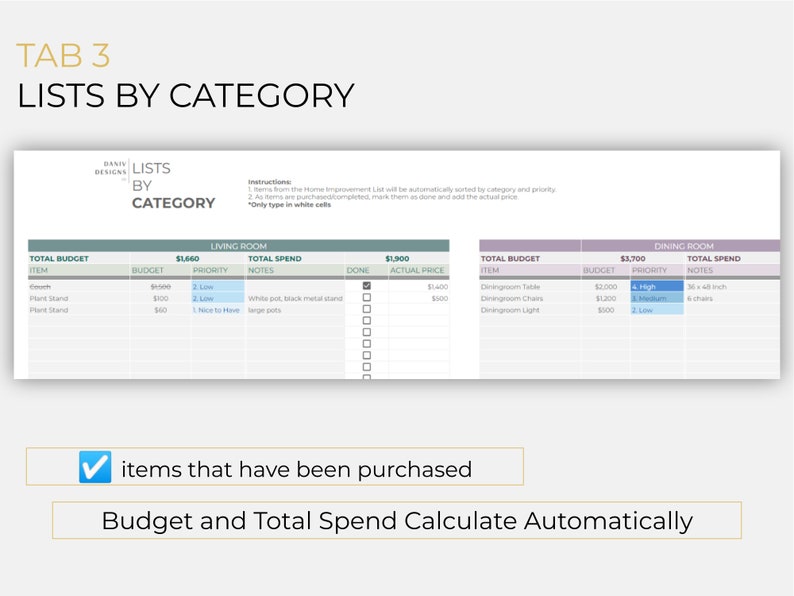May include: A printable home improvement list template with a checklist for living room and dining room items. The list includes columns for item, budget, priority, notes, done, actual price, and total spend. The template is designed to help users track their home improvement projects and stay within budget.