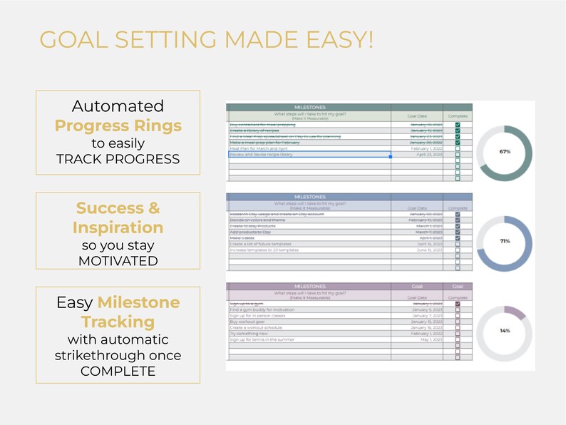 K&ouml;nnte beinhalten: Eine Grafik mit dem Text "GOAL SETTING MADE EASY!" und drei K&auml;sten mit dem Text "Automated Progress Rings to easily TRACK PROGRESS", "Success & Inspiration so you stay MOTIVATED", und "Easy Milestone Tracking with automatic strikethrough once COMPLETE". Die Grafik zeigt auch drei Fortschrittsringe mit den Prozentzahlen 67 %, 71 % und 14 %.