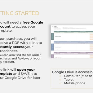 K&ouml;nnte beinhalten: Eine Anleitung zur Verwendung eines Google-Kontos, um auf eine Vorlage f&uuml;r ein Zielsetzungs-Dashboard zuzugreifen. Die Vorlage ist ein druckbares PDF mit einem Link zu einer Google-Tabelle. Die Vorlage ist in drei Abschnitte mit Spalten f&uuml;r Ziel, Anweisungen, Erfolgsmetriken und Fortschritt unterteilt. Die Vorlage soll Benutzern helfen, Ziele zu setzen, den Fortschritt zu verfolgen und ihre Ziele zu erreichen. Google Drive ist auf einem Computer, Tablet oder Mobiltelefon zug&auml;nglich.