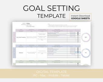 May include: A printable goal setting template in Google Sheets format. The template has sections for goal, inspiration, success metrics, and milestones. The template is designed to help users set and track their goals.