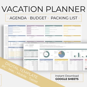 Digital Travel Planner - Simple Vacation Planning & Travel Budget - Trip Agenda, Vacation Budget and Family Packing List! - Google Sheets