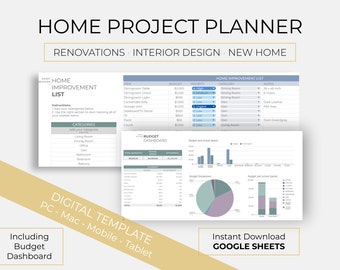 May include: A digital template for home project planning, including a budget dashboard, home improvement list, and charts. The template is designed for use on a PC, Mac, mobile device, or tablet. The template is available for instant download on Google Sheets.