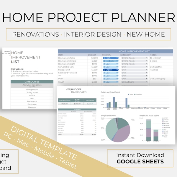 Home Project Planner | Renovation Budget | Interior Design Planner | Home Decorating | New Home Management | Home Planner | Google Sheet