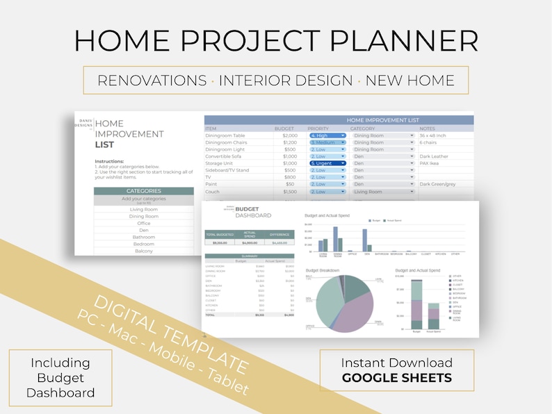 May include: A digital template for home project planning, including a budget dashboard, home improvement list, and charts. The template is designed for use on a PC, Mac, mobile device, or tablet. The template is available for instant download on Google Sheets.