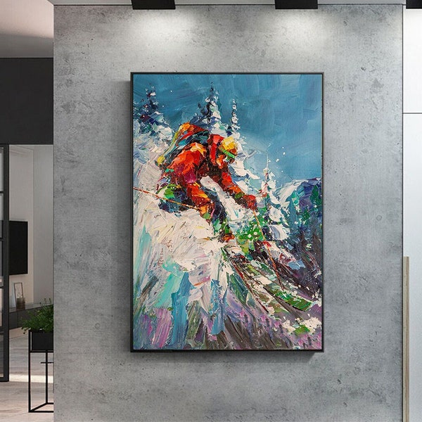 Ski Malerei, Original Kunstwerk, Ski Wandkunst, Ski Lodge Dekor, Sport Wandkunst, strukturierte Malerei, Original Gemälde, übergroßes Gemälde