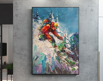 Peinture de ski, oeuvre originale, art mural de ski, décor de chalet de ski, art mural sportif, peinture texturée, peintures originales, peinture surdimensionnée