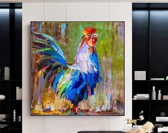Original Rooster Oil Painting: Farmhouse Kitchen Animal Art