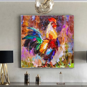 Shiny Rooster, Farmhouse Painting, Large Size Painting, Rooster Wall Art, Animal Painting, Rooster Painting, Impasto Art, Rooster Artwork