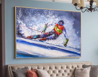 Pintura de esquí: Arte con textura de empasto, decoración de pared de deportes de invierno
