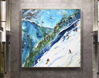 Winter Landscape Painting, Skiing Wall Art, Impasto Painting, Textured Art, Winter Canvas Art, Extra Large Painting, Ski Wall Decor
