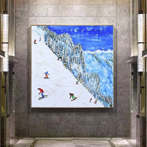 Ski Wall Decor, Winter Painting, Impasto Painting, Ski Lodge Decor, Textured Painting, Winter Landscape, Large Canvas Art, Ski Wall Art