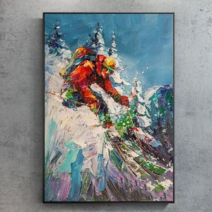 Pintura de esqui, Obra de arte original, Arte de parede de esqui, Decoração de chalé de esqui, Arte de parede esportiva, Pintura texturizada, Pinturas originais, Pintura de grandes dimensões