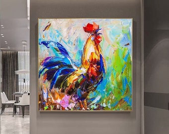 Spanish Rooster, Impasto Painting, Textured Art, Farmhouse Painting, Large Size Painting, Rooster Wall Art, Animal Painting, Rooster Artwork