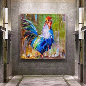 Shiny Rooster, Farmhouse Wall Art, Animal Painting, Rooster Wall Decor, Rooster Painting, Impasto Painting, Animal Art, Oversized Painting