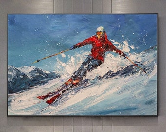 Impasto Ski Painting: Winter Sport Art, Framed Canvas