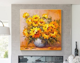 ヴィンテージひまわりの絵画、キャンバスに描かれたオリジナルの花の