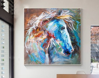 カラフルな馬の絵：質感のある額入りキャンバスウォールアート - Etsy 日本