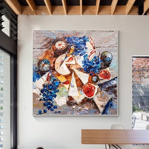 Cheese - Figs - Grapes, Food Painting, Modern Kitchen Art, Impasto Painting, Food Wall Art,  Textured Wall Art, Food Art, Large Canvas Art