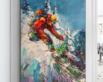 Original Skiing Oil Painting: Textured Winter Wall Art