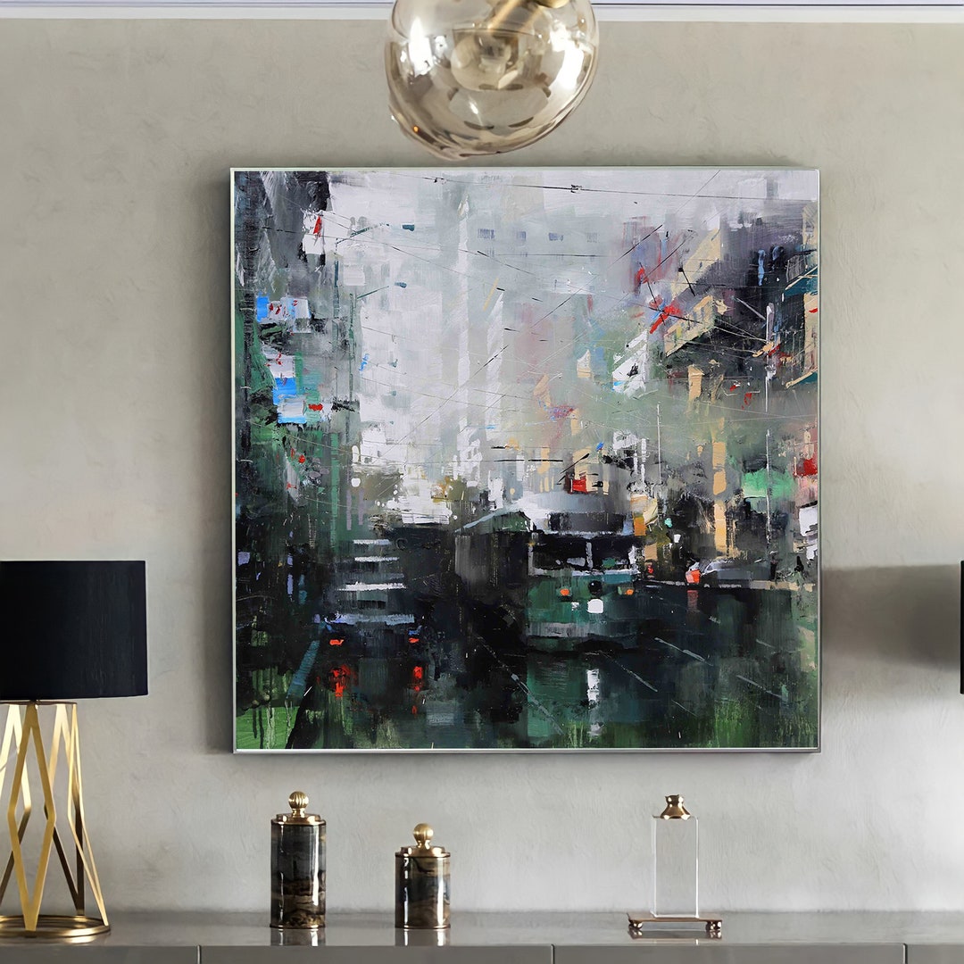 Original Cityscape Oil Painting on Canvas - Framed Streetcar Wall Art ...