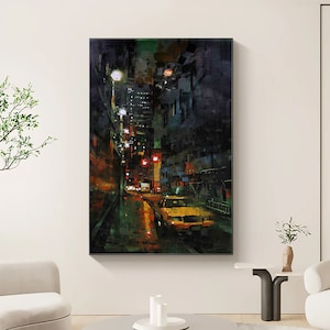 May include: A painting of a city street at night, with tall buildings on either side and a yellow car driving down the middle. The street is wet from rain, and there are streetlights illuminating the scene.