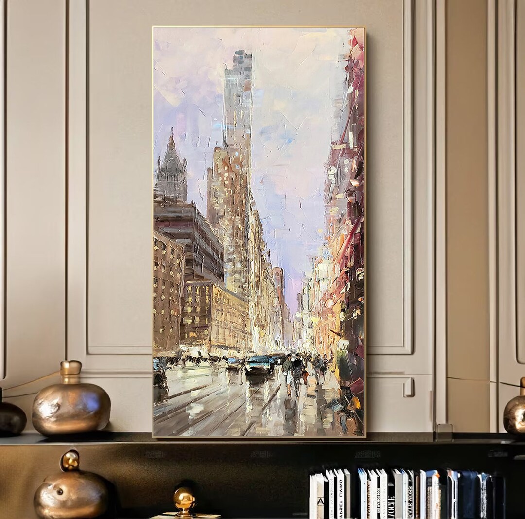 New York Art, Long Vertical Art, Cityscape Art, Oil Painting Canvas