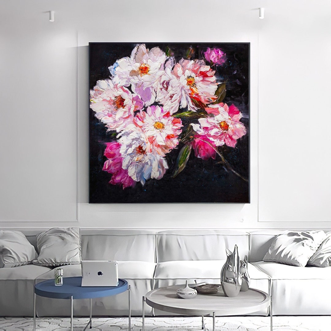 Pink Peony Oil Painting on Canvas: Floral Still Life, Framed Wall Art ...