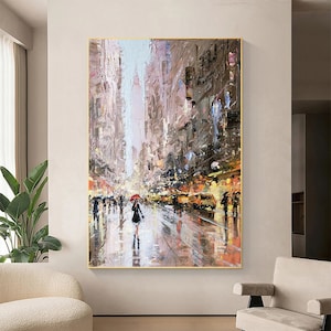 Original Rainy Day Cityscape Oil Painting on Canvas - Framed Wall Art