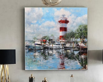 Dipinto a olio originale su tela raffigurante un faro: arte del paesaggio urbano costiero