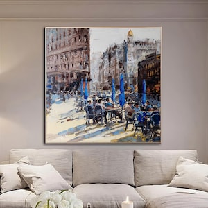 Outdoor Cafe, Oil Painting Canvas Original, Cityscape Art, City Art Painting, Abstract City Art, Extra Large Painting, Art of City