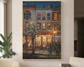 Town Evening, Oil Painting Canvas Original, Town Wall Art, City Art Painting, City Painting, Extra Large Wall Art Framed