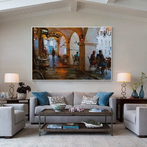 Coffee Time, Cafe Painting, Oil Painting Canvas, Cafe Wall Art, Large Horziontal Art, Cafe Art, Oversized Wall Art Framed