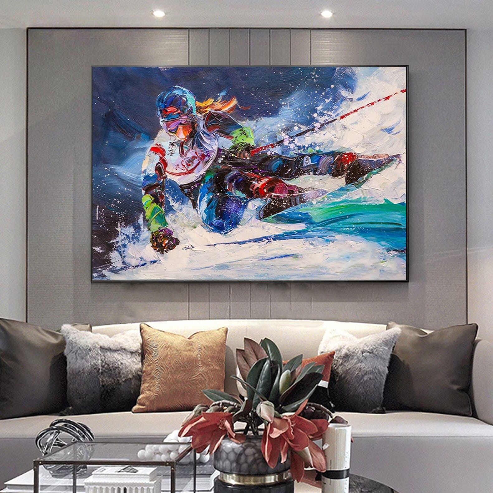 Textured Skiing Painting: Impasto Sport Art on Canvas