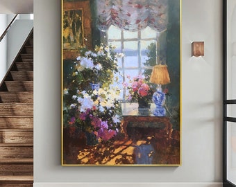 Original Oil Painting on Canvas: Floral Still Life, Framed Village Art