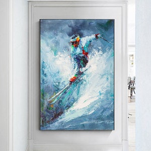 Skiing Art, Original Artwork, Textured Painting, Ski House Decor, Winter Decorations, Skiing Wall Art, Impasto Art, Large Size Painting