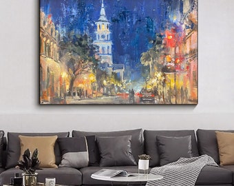 Origineel stadsolieverfschilderij op canvas: unieke luchtmuurkunst