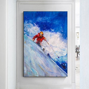 Ski Painting, Original Artwork, Textured Painting, Ski House Decor, Winter Painting, Ski Wall Art, Ski Artwork, Large Size Painting
