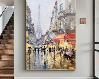 抽象的な都市景観の油絵 オリジナル フランスのカフェシーン パリの