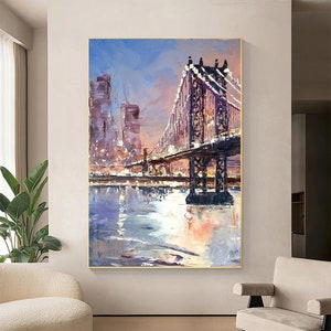 Brooklyn Bridge, New York Art, Oil Painting Canvas Original, Cityscape Wall Art, City Painting, Extra Large Wall Art Framed